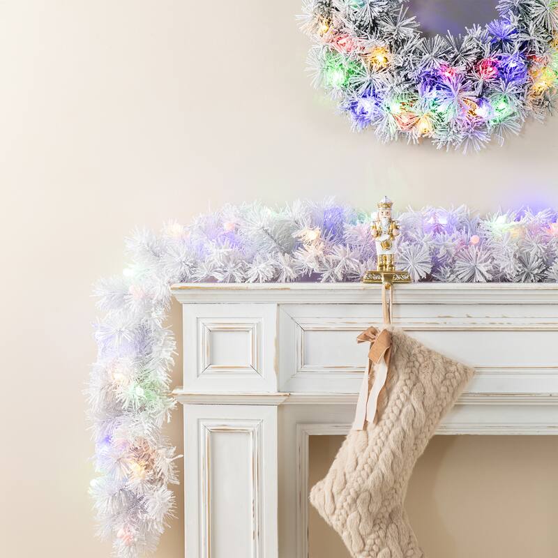 Glitzhome Pre-Lit Snow Flocked White/Greenery Pine Garland & Wreath & Teardrop