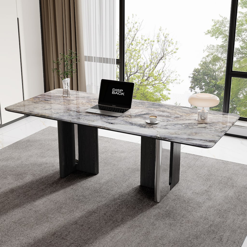 79” Modern Desk – Faux Marble Top & Solid Wood Legs For Office/study