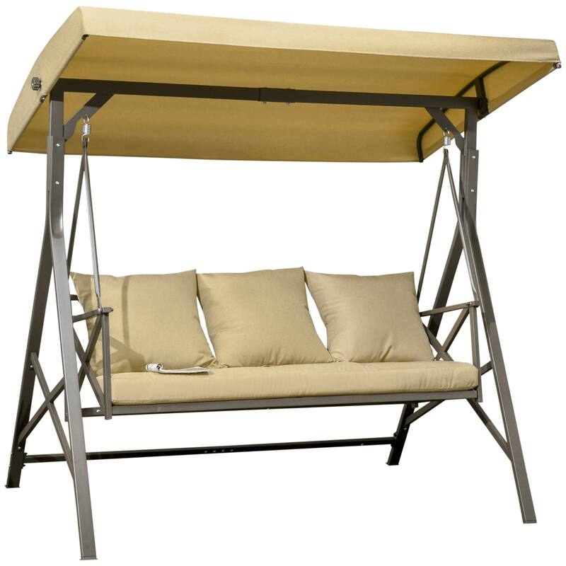 Outsunny 3-Seat Patio Swing Chair, Outdoor Canopy Swing Glider with Cushion with 3 Throw Pillows & Adjustable Shade for Porch