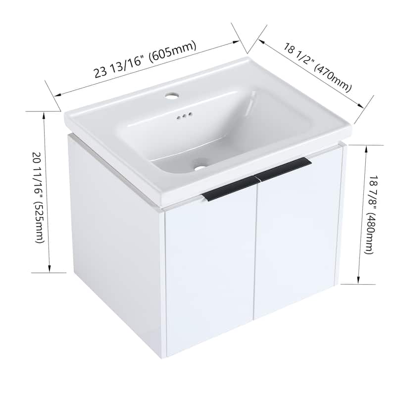 Malwee 24"/36"/48"/60" Floating Bathroom Vanity, Wall Mounted Bathroom Vanity with Ceramic Sink,Soft Close Door and Shelf