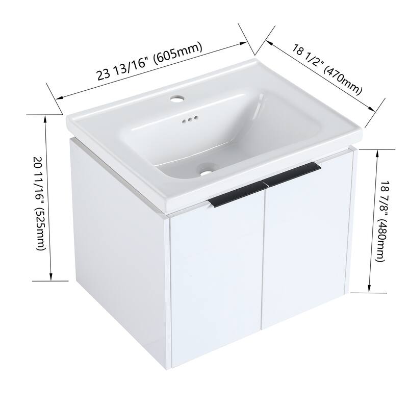 Wall Mounted Bathroom Vanity with Ceramic Basin, Soft Closing Doors, and Metal Handles for Modern Bathroom Storage