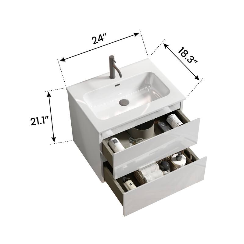 GDFStudio - Coralie Modern Floating Bathroom Vanity with Integrated Ceramic Sink and Soft-Close Storage