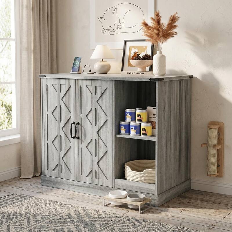 Cat Litter Box Cabinet with Power Outlet, Box Furniture for Automatic Litter Boxes, with Litter Catcher, Adjustable Shelves - Gray