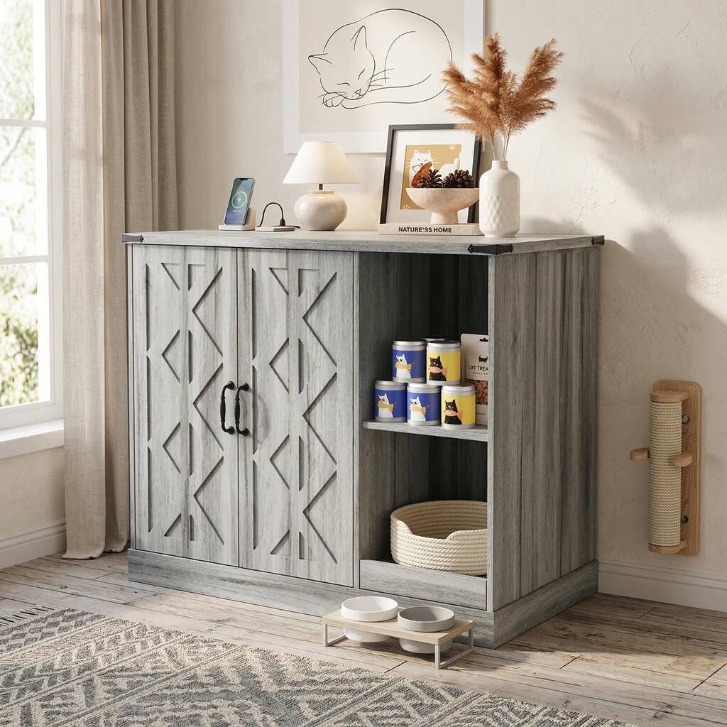 Cat Litter Box Cabinet with Power Outlet, Box Furniture for Automatic Litter Boxes, with Litter Catcher, Adjustable Shelves