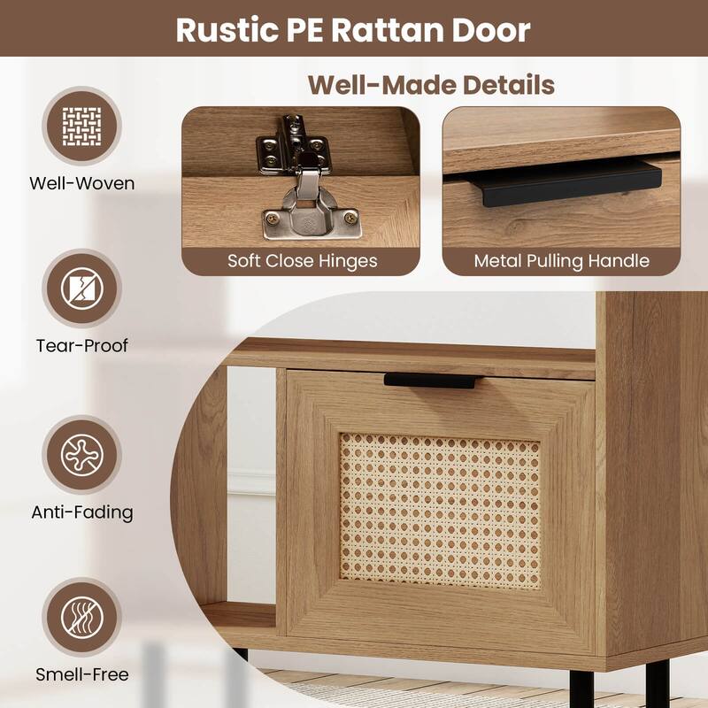 Costway Boho Rattan Nightstand Wooden End Table with Storage Shelf