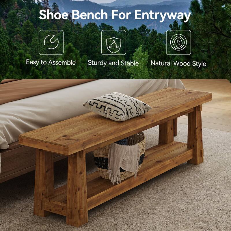 55" Solid Wood Entryway Bench with Shoe Storage, Charred Wood Grain