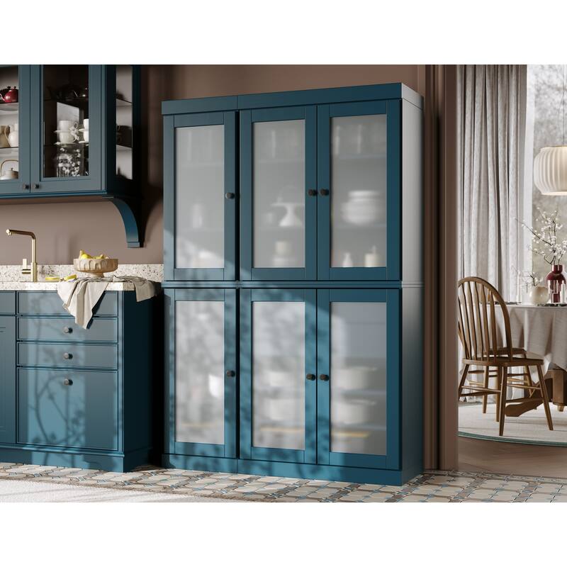 100% Solid Wood 48.5" Pantry Cabinet with Frosted Glass Doors and 2-Drawers