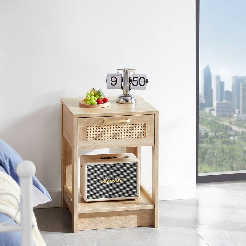 Mid-Century End Table with Storage Drawer and Open Shelf Rattan Bedside Table Small Side Table