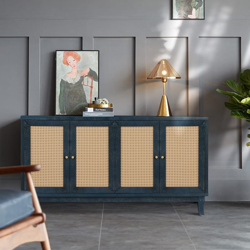Accent Storage Cabinet, Boho Rattan Sideboard Buffet with 4 Adjustable Shelves, Console Table for Hallway, Living Room, Bedroom