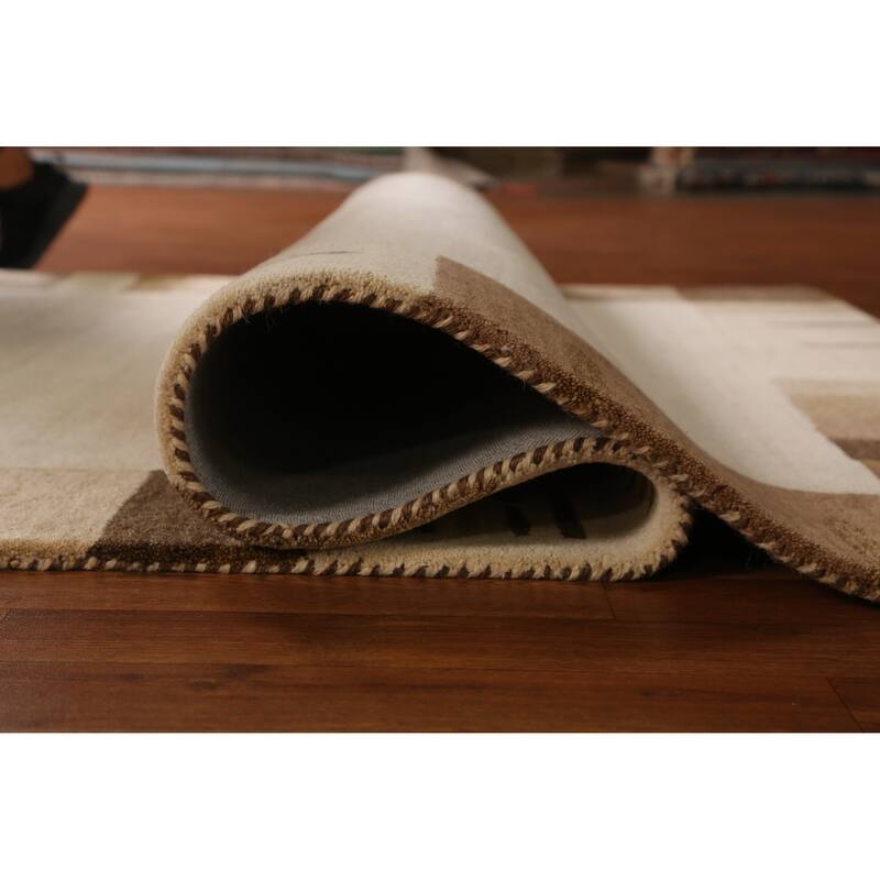 Border Gabbeh Indian Area Rug Hand-Tufted Solid Beige Wool Carpet - 5'3" x 7'7"