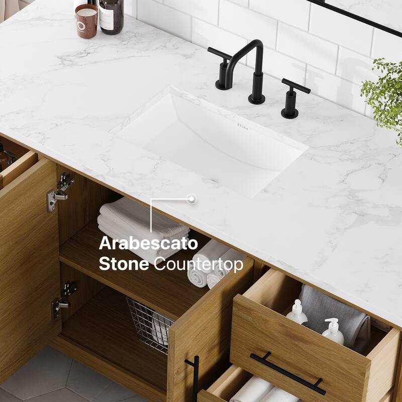 Graham 60"W Oak SS Bath Vanity with WH Arabescato Engineered Stone Top