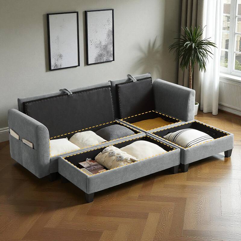 83" L-Shaped Sectional Sofa with Storage Seats Movable Ottoman Curved Armrests Chenille Couch with 6 Pillows