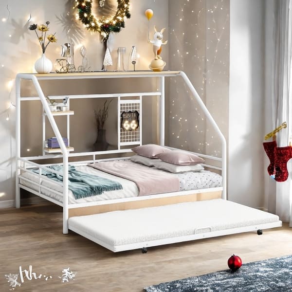 slide 2 of 40, Metal Full Size House Bed with Trundle and Built-in Shelf White