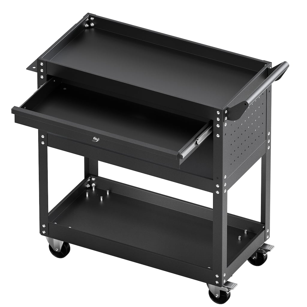 Black 4 Tiers Metal Tool Cart with Lockable Drawer and Pegboard Hooks for Garage or Workshop - 32.7 x 13.8 x 32.5 in