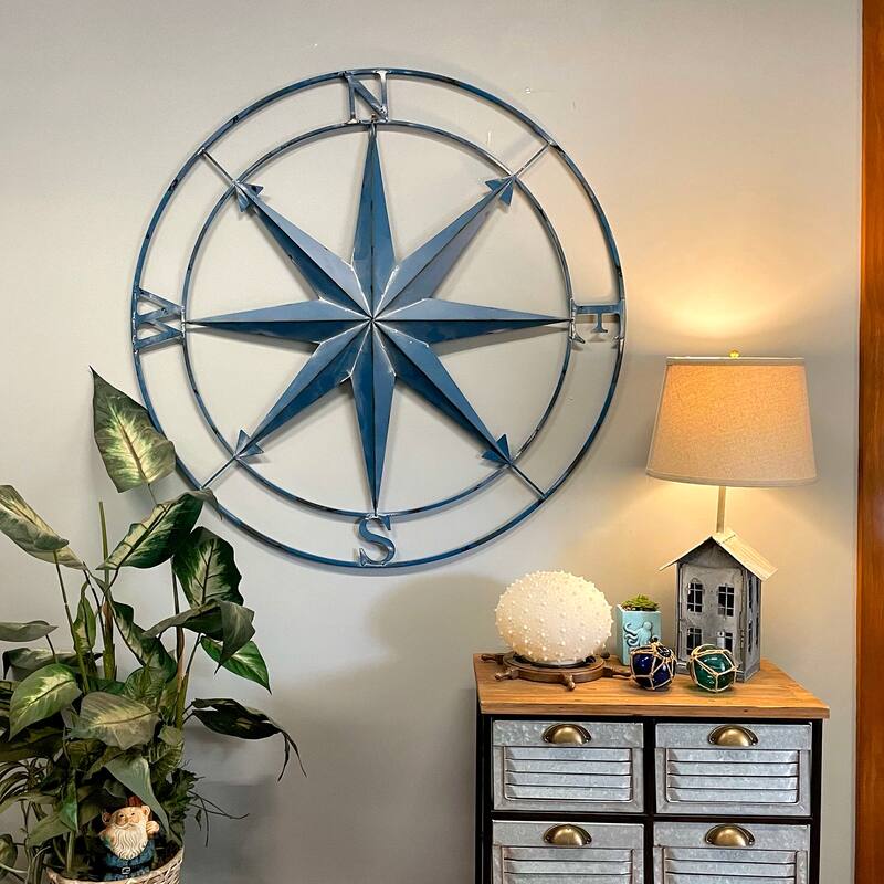 Zeckos Aegean Blue Metal Nautical Compass Rose Wall Sculpture 39 Inch