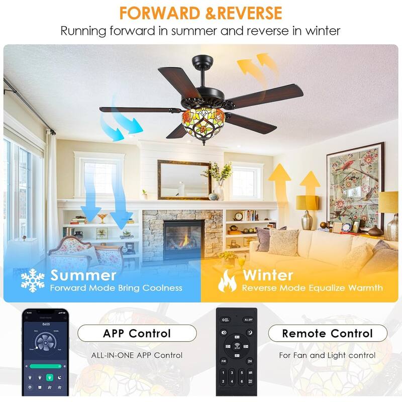 50" TiffanyTropical Ceiling Fan with 5 Palm Leaf Bllades and Vintage Cover Waterproof for Indoor and Outdoor Patio