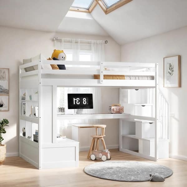 slide 2 of 7, Full Size Loft Bed with Desk and Shelves, White White