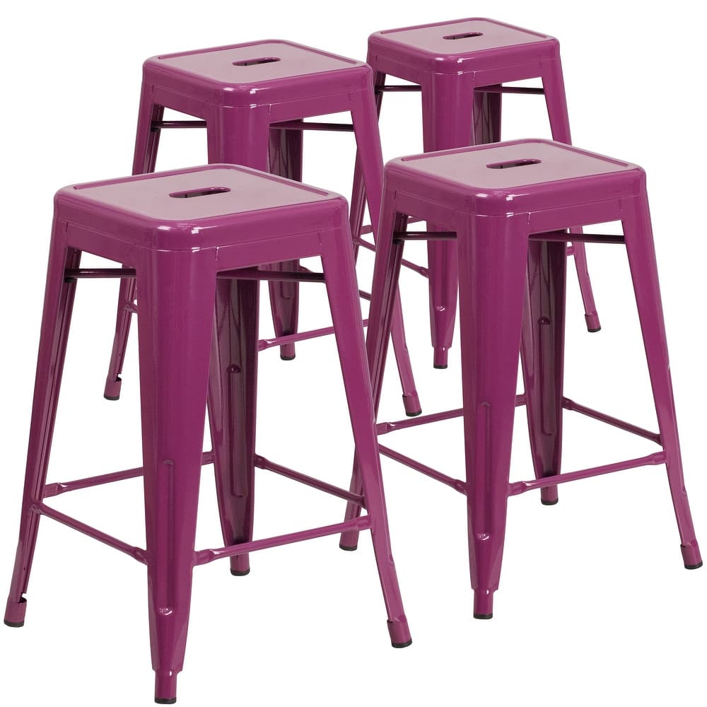 4 Pack 24"H Backless Metal Indoor-Outdoor Counter Height Stool w/Square Seat