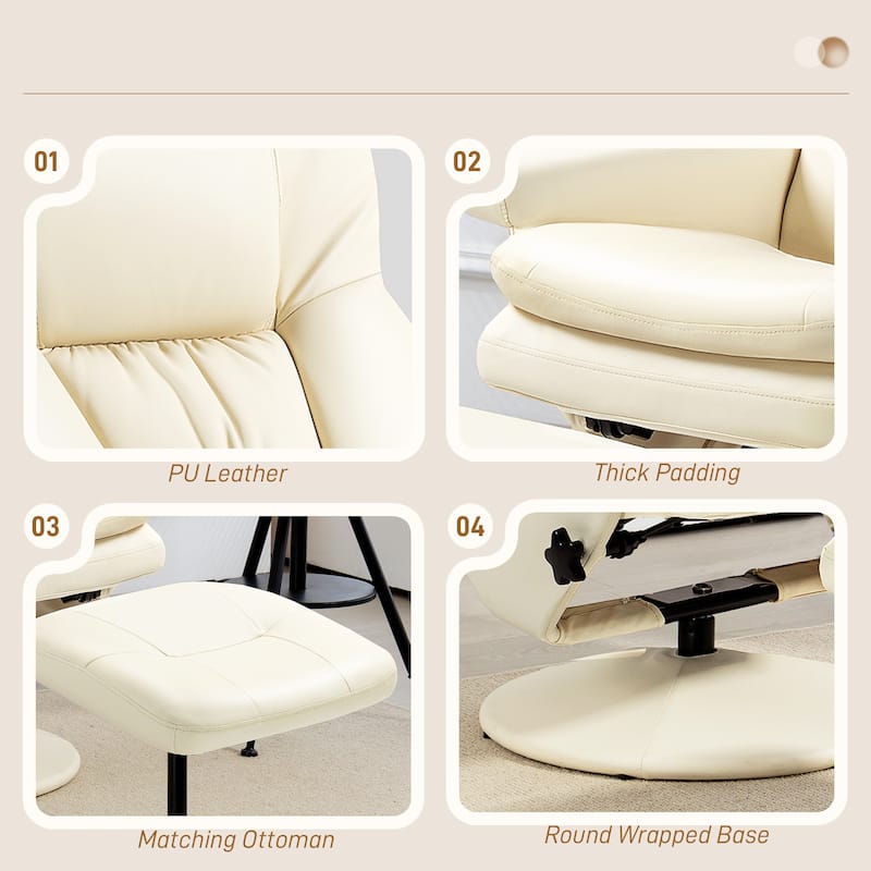 Cream White Adjustable Recliner Including Ottoman with Padded Seat and Flared Armrests Swivel Base