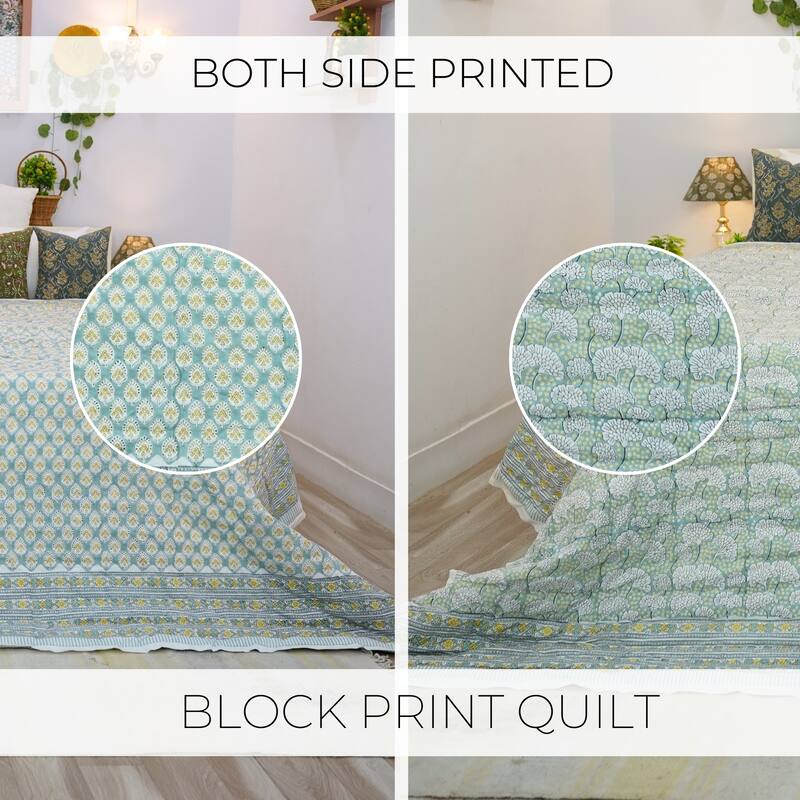 Fabdivine Handmade Cotton Quilt Green White Floral, Reversible Eco-Chic Bed Layer, Textured Decorative Quilt for Modern Interior