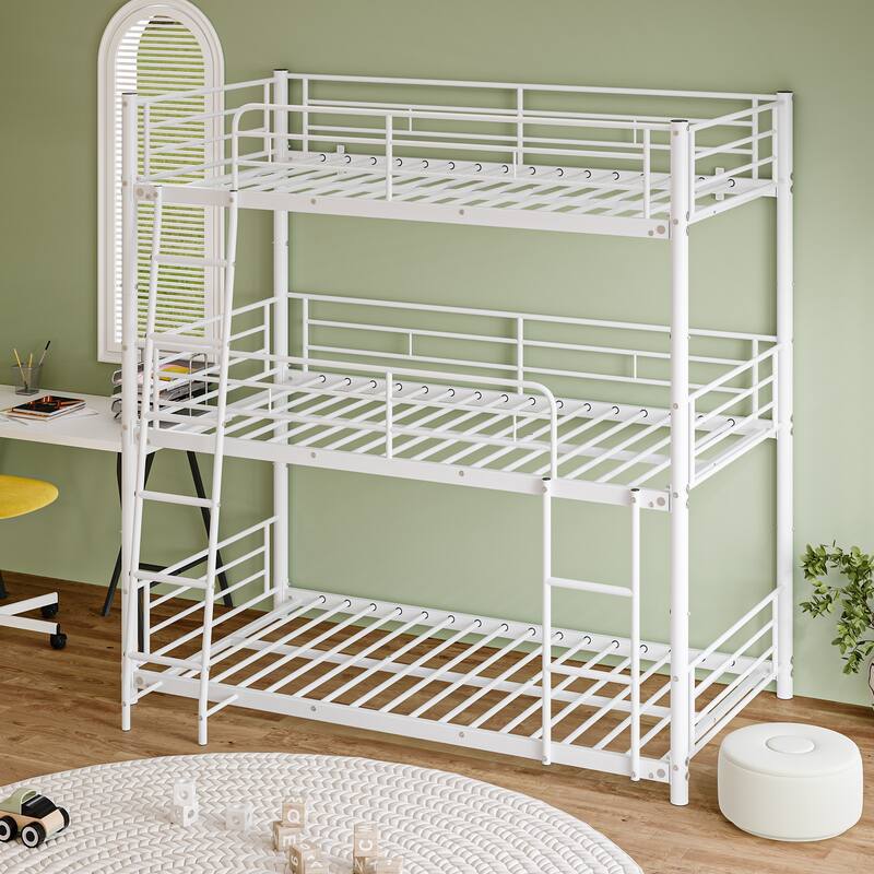 Heavy Duty Metal Triple Twin Bunk Bed with Guardrails, Ladder & Storage, Easy to Assemble