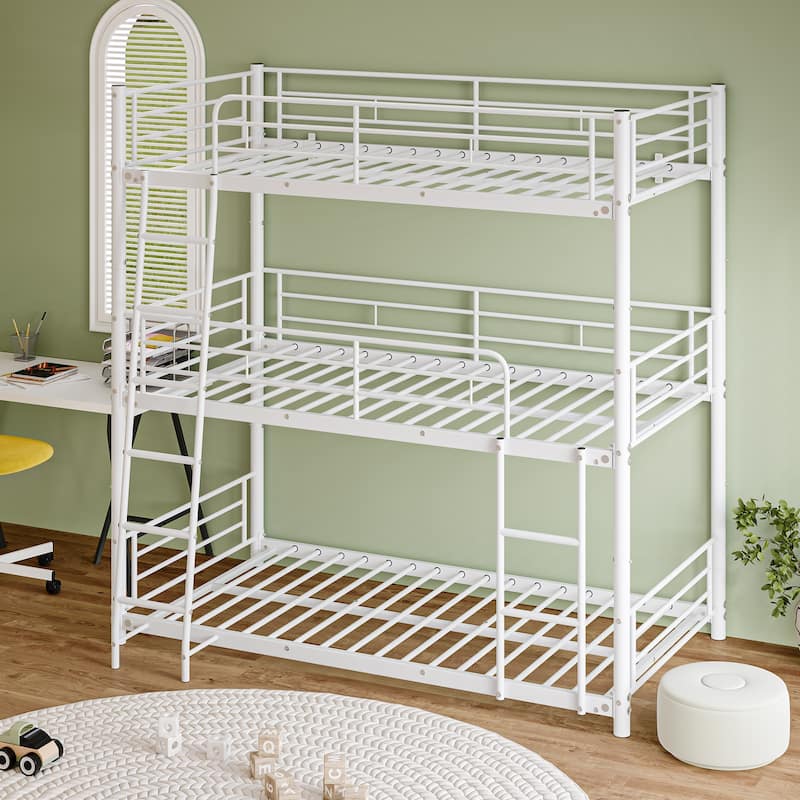 Metal Triple Bunk Bed,Twin Over Twin Bunk Bed for 3, 3 Beds with Guardrail and Ladder, Heavy Duty Triple Bed Frame for Teenagers