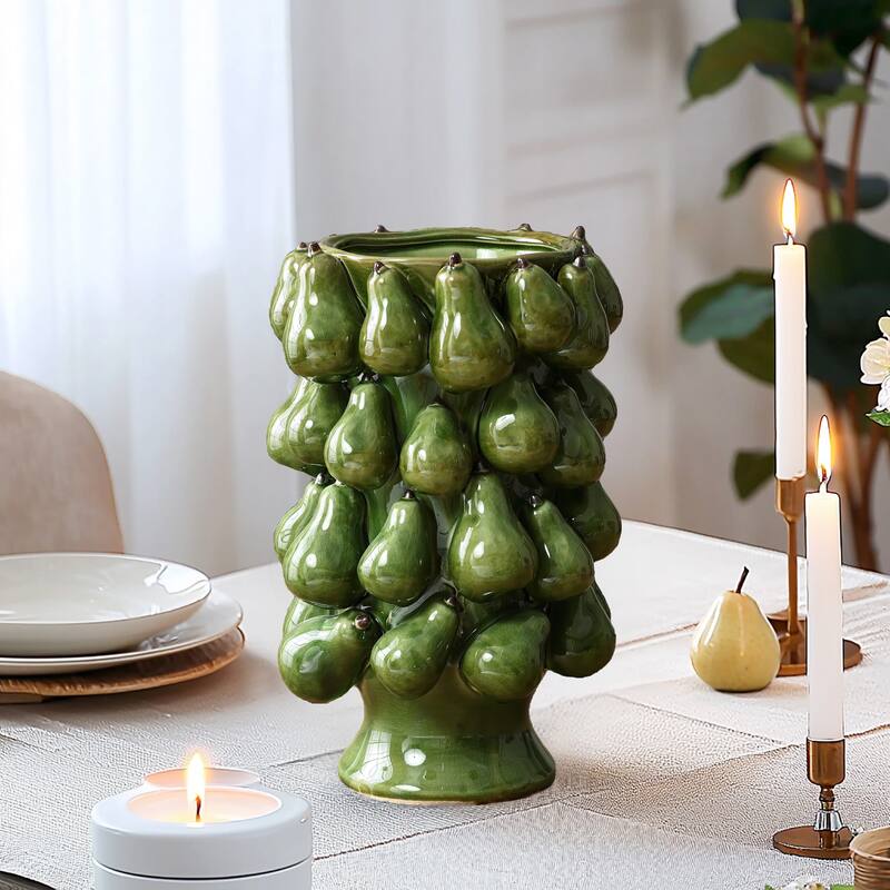 Green Ceramic Modern Pears 12.4-Inch Tall Vase