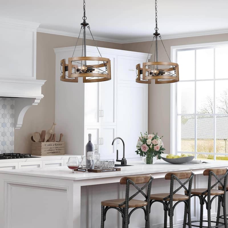 Modern Farmhouse 3-Light Drum Chandelier with Wood Grain for Dining Room - D15.5" * H 20.5"