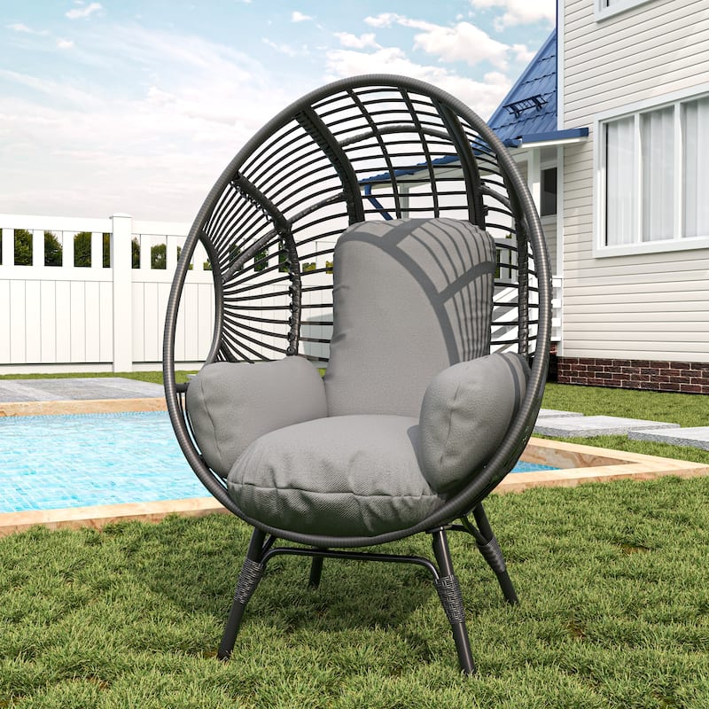 Elegant Arc Back Hanging Egg Chair, 400lb Capacity Patio Swing with 8-Inch Cushion, PE Rattan Outdoor Indoor Chair - Black+ Gray