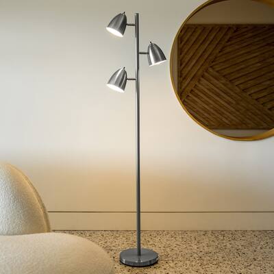 Brightech Jacob 64 in. Brushed Nickel Mid-Century Modern 3-Light Adjustable LED Floor Lamp with 3 Nickel Metal Cone Shades