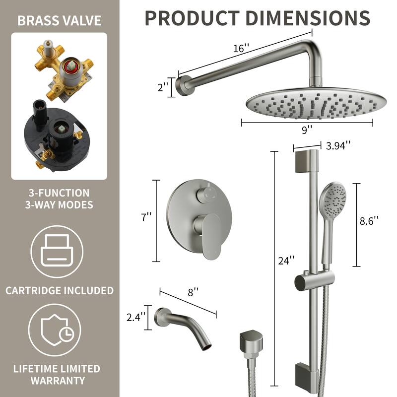 4-Spray Wall Mount Dual Fixed and Handheld Shower Head with Slide Bar and Tub Spout, Valve included