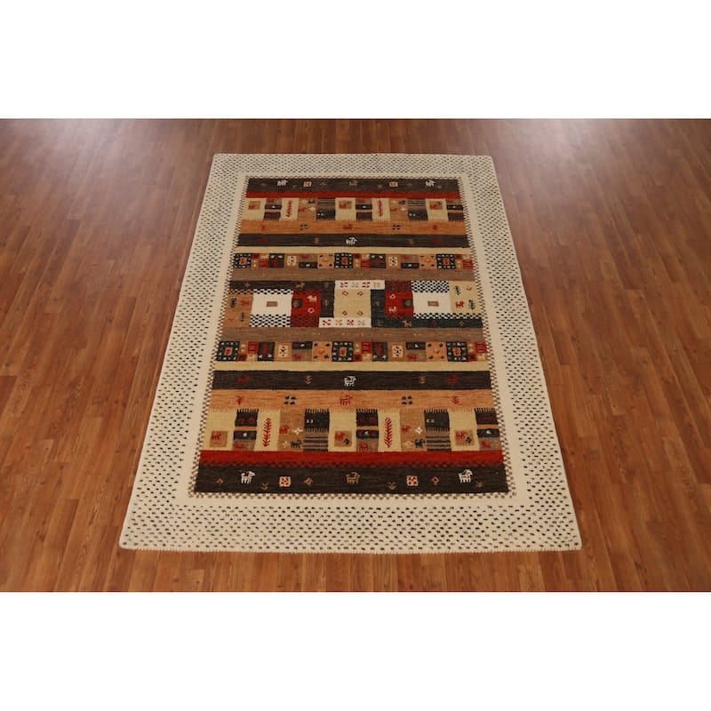 Geometric Gabbeh Indian Area Rug Brown Hand-Tufted Wool Carpet - 5'3" x 7'7"