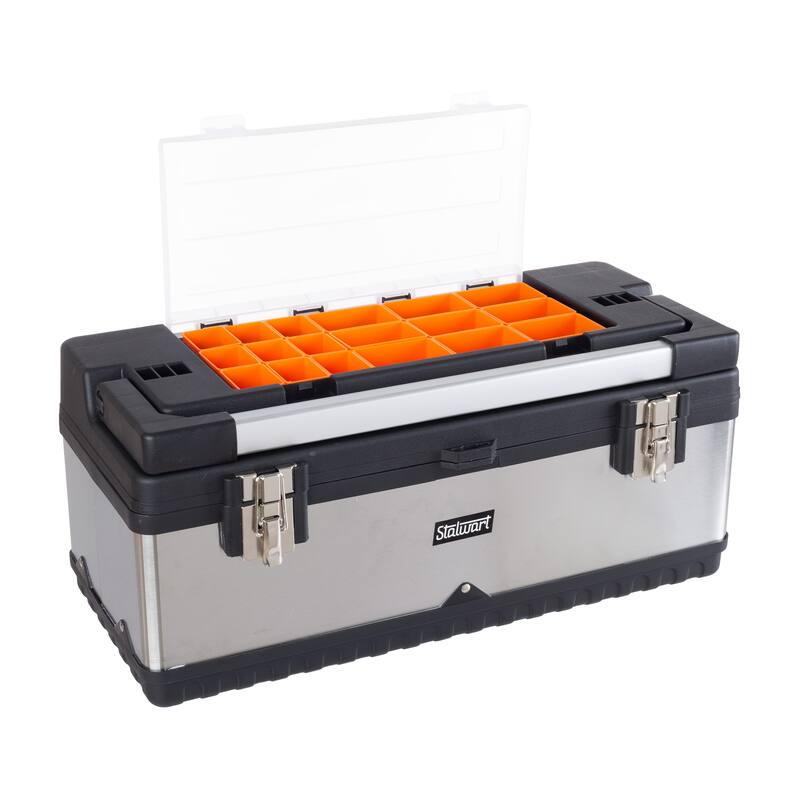 Tool Box with 18 Bins and Removable Tray - Portable Metal and Plastic Tool Tote with Ergonomic Handle by Stalwart
