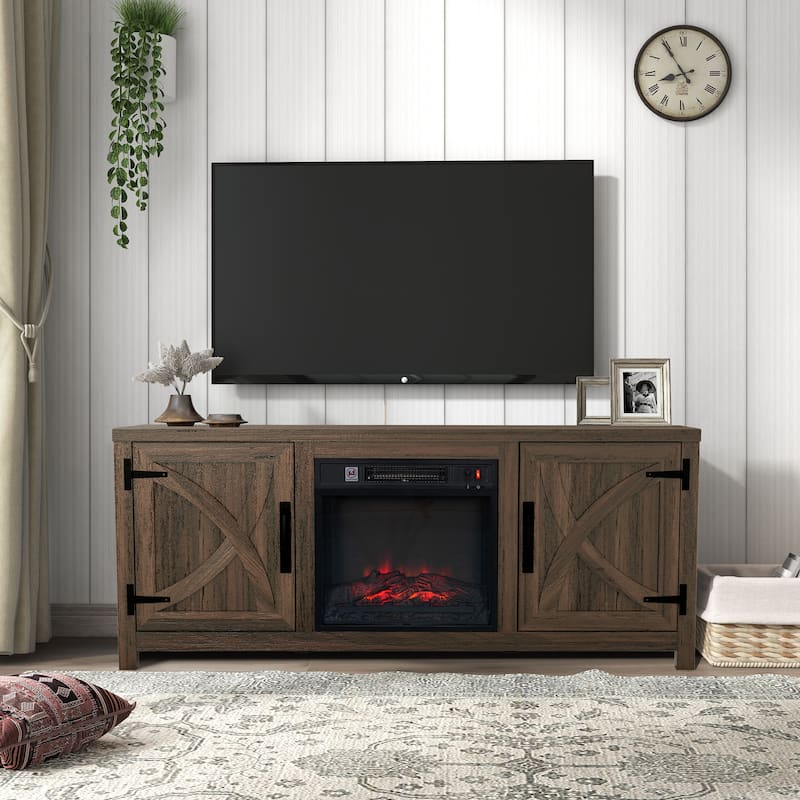58-Inch Farmhouse Electric Fireplace TV Stand with Storage Cabinets and Adjustable Shelves - Dark brown