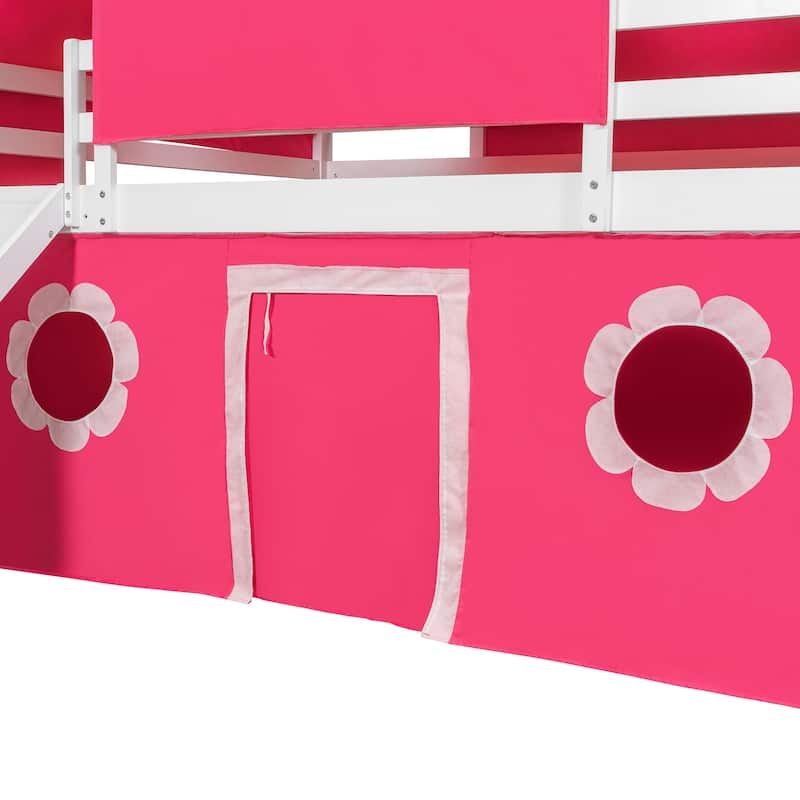 Pink Castle Loft Bed Full Size Bed Tent Frame for Kids with Tower, Slide, Charming window and Semi-enclosed Underbed Space