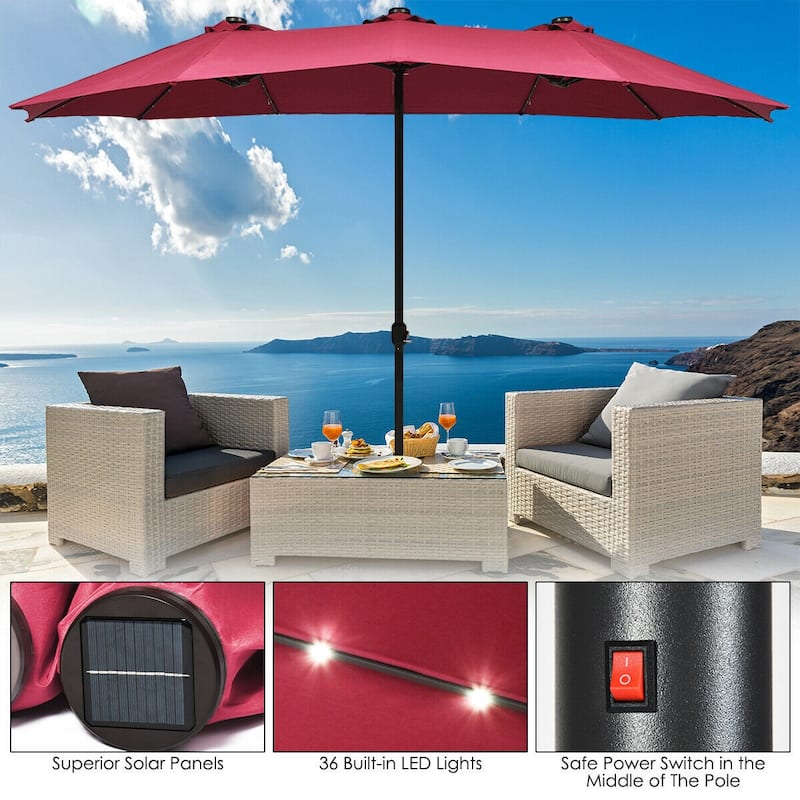 15 Ft Patio LED Crank Solar Powered 36 Lights Umbrella