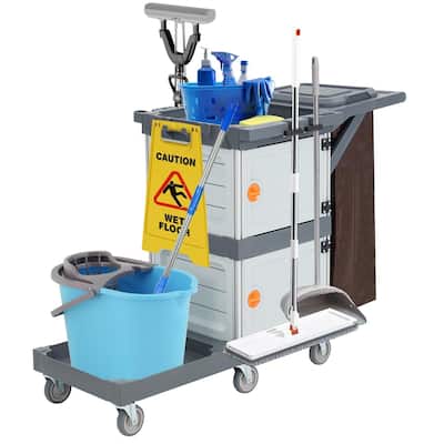 Commercial Janitorial Cart with Cabinet, 3-ply Multi-Purpose Engineered Plastic Housekeeping Car