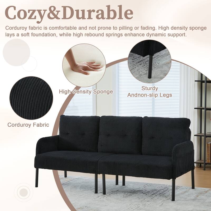 HOMEFUN Corduroy Upholstered Oversized Wood Frame Loveseat Sofa with Metal Legs and Side Pockets