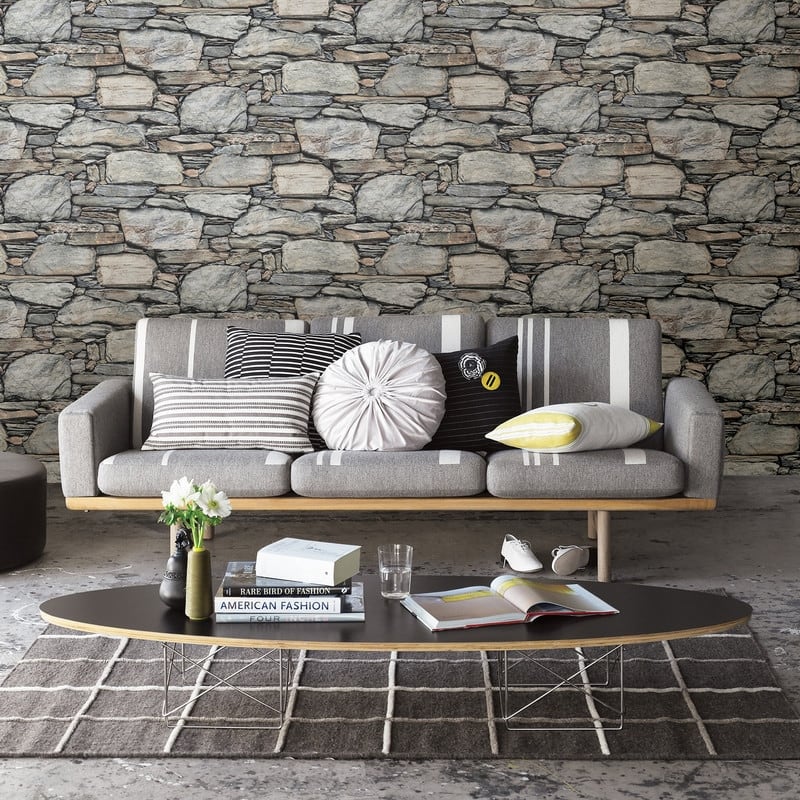Brewster Cobble Light Grey Stone Wall Wallpaper - 20.5in x 396in x 0.025in