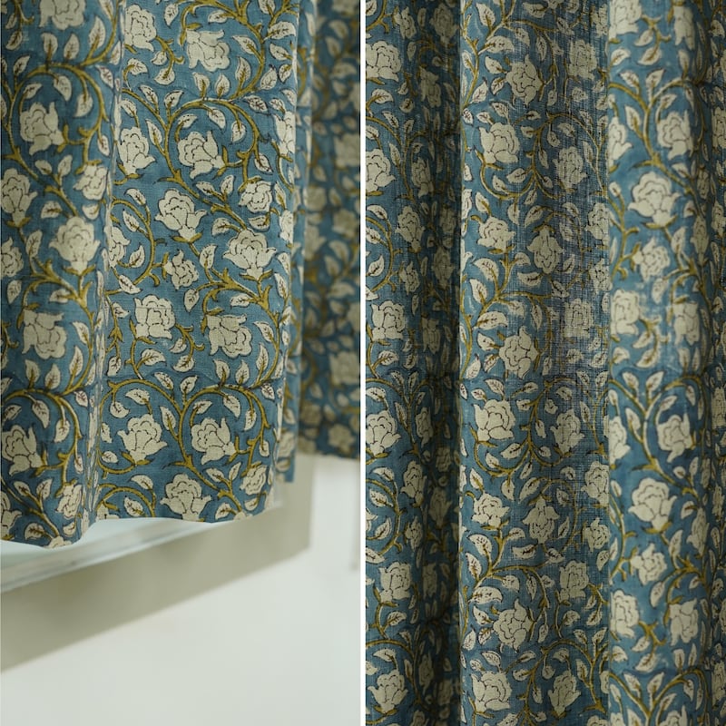 Fabdivine Handmade Soft Pure Linen Fabric Eyelet Curtain Block Print Floral Drape
