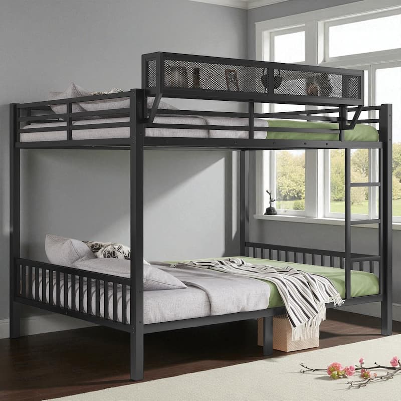 Queen Over Queen Metal Bunk Bed with Ladder and Storage Shelf, Heavy-Duty Bunk Frame for Adults and Teens
