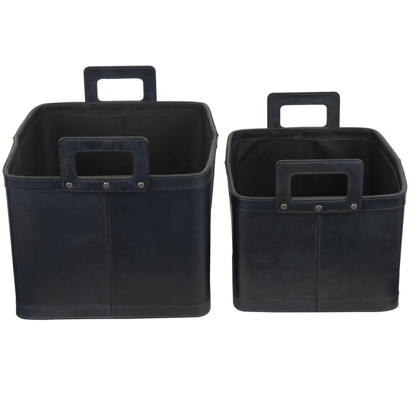 Leather Handmade Decorative and Functional Storage Basket with Handles - Set of 2 Dark Blue or Brown - Roche River Decor
