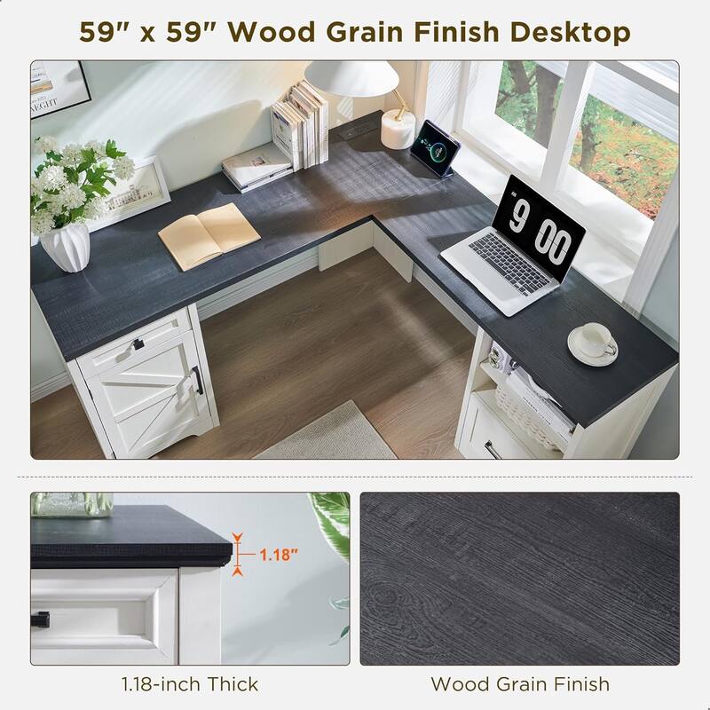 Modern Farmhouse Home Office Desk, Computer Desk with File Cabinet