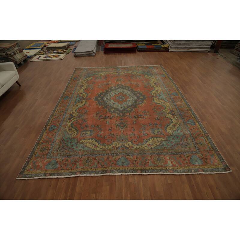 Hand Knotted Oriental 100% Wool Carpet Traditional Floral Oranges & Rust Tabriz Area Rug - 12' 8'' X 9' 4''