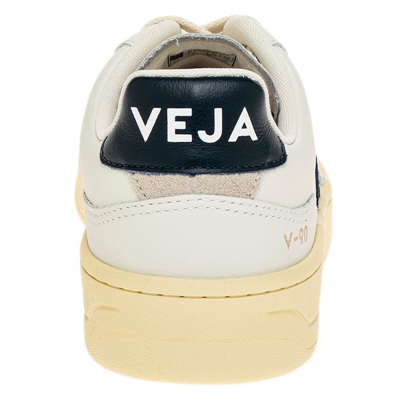 Veja Men's V-90 Leather Sneakers in White with Blue