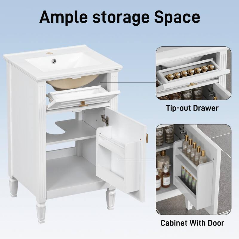 20" Bathroom Vanity, Sink with Solid Wood Legs, Adjustable Shelf, Tilt-Out Drawer