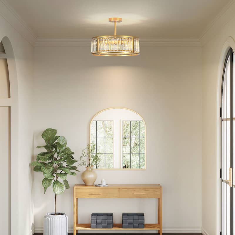 4-Light Mid-Century Modern Black/Gold Drum Crystal Semi-Flush Mount Ceiling Light