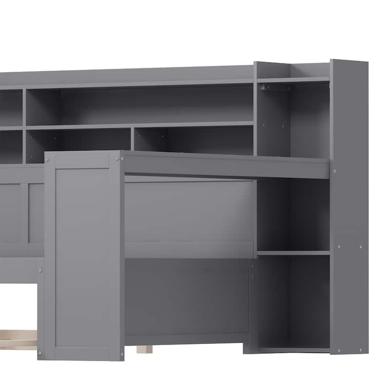 Multi-functional Bed with Twin Size Trundle Bed, Wooden Full Size Daybed with Storage Shelves and Study Desk