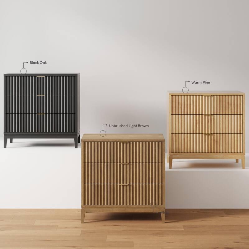 Jasper Mid-Century Modern 3-Drawer Dresser with Solid Wood Frame and Fluted Door Fronts