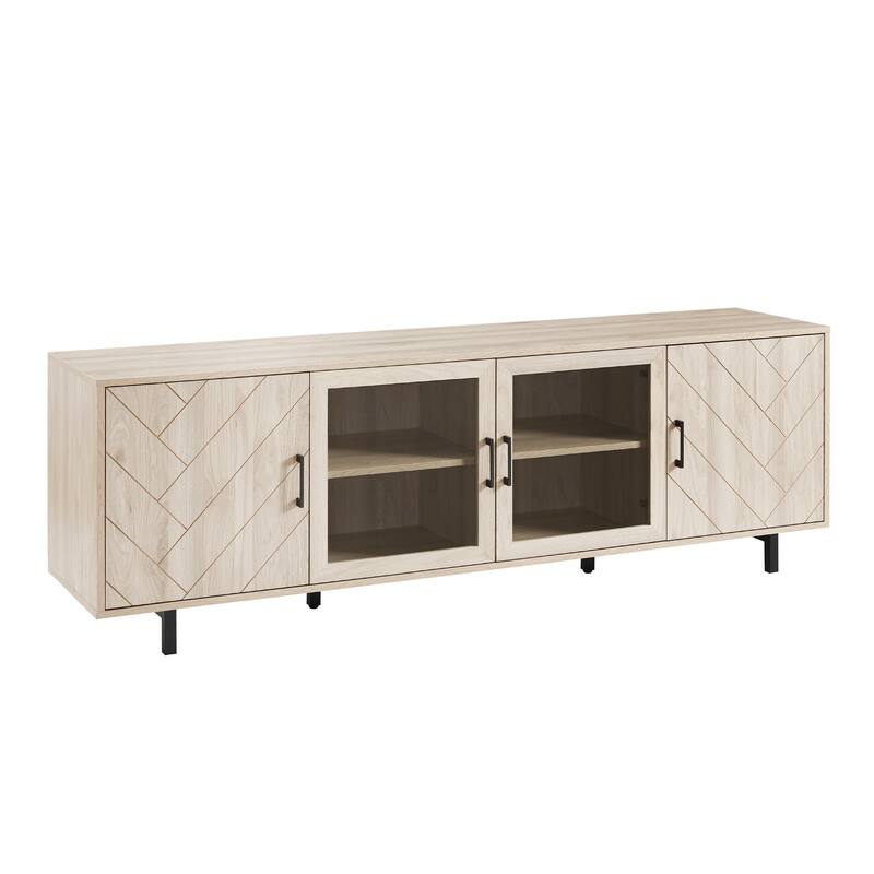 4-Door Herringbone TV Stand for 80" TVs in Modern Scandinavian Design - Light Brown